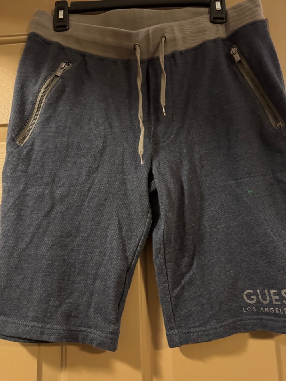 GUESS Men's Navy Blue Athletic Shorts with Gray Waistband
